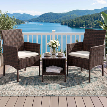 Gardeon 3PC Outdoor Bistro Set Patio Furniture Wicker Setting Chairs Table Cushion Brown