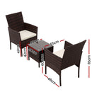 Gardeon 3PC Outdoor Bistro Set Patio Furniture Wicker Setting Chairs Table Cushion Brown-2