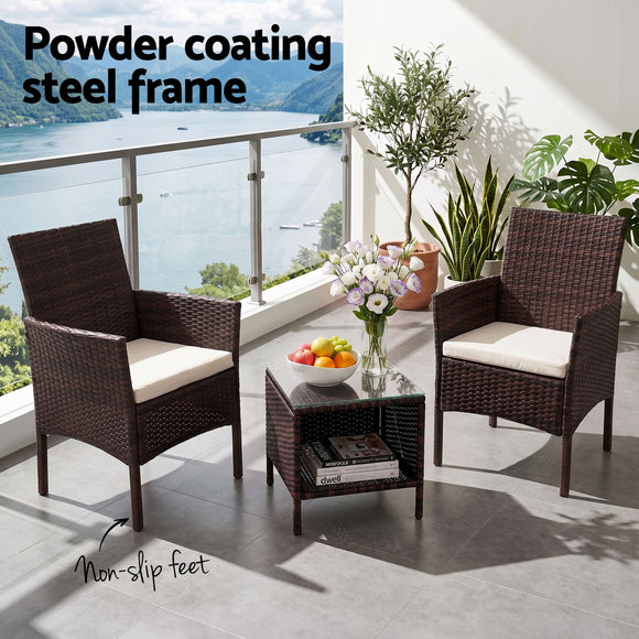Gardeon 3PC Outdoor Bistro Set Patio Furniture Wicker Setting Chairs Table Cushion Brown