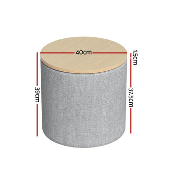 Artiss Storage Ottoman Blanket Box 40cm Linen Round Grey - 0