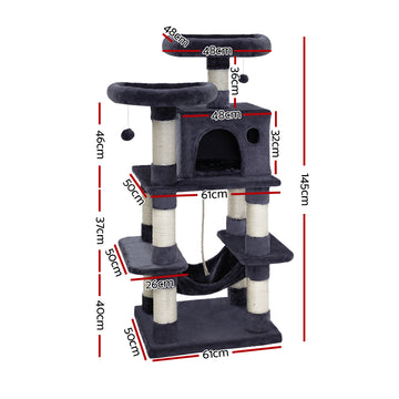 i.Pet Cat Tree 145cm Tower Scratching Post Scratcher Wood Condo House Large Bed - 0