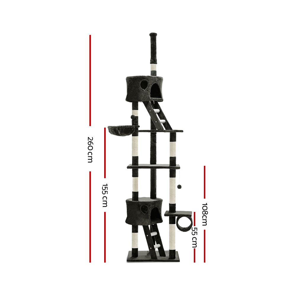 i.Pet Cat Tree 260cm Tower Scratching Post Scratcher Condo House Trees Grey - 0