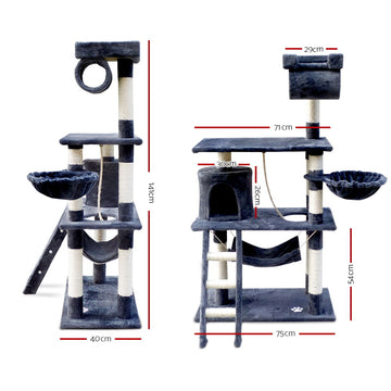 i.Pet Cat Tree 141cm Tower Scratching Post Scratcher Condo Wood House Bed Grey - 0