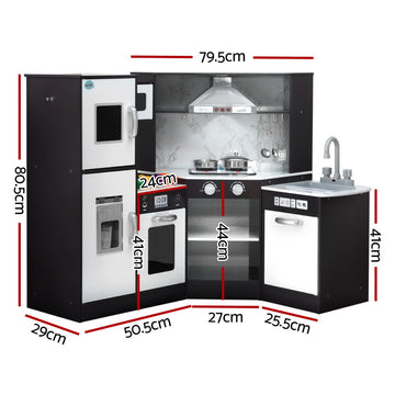 Keezi Kids Kitchen Play Set Wooden Pretend Cooking Playset w/Sounds Lights Black - 0