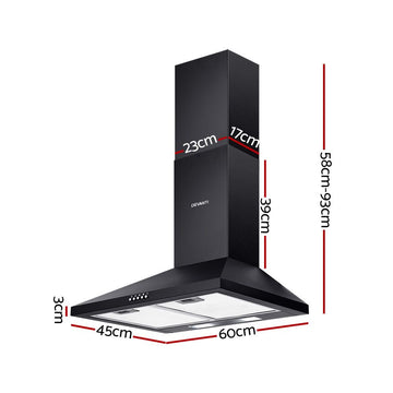 Devanti 600mm Range Hood 60cm Rangehood Black - 0