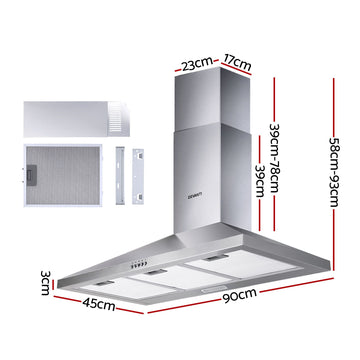 Devanti 900mm Range Hood 90cm Rangehood Stainless Steel - 0