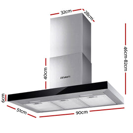 Devanti 900mm Range Hood 90cm Rangehood Glass Stainless Steel - 0