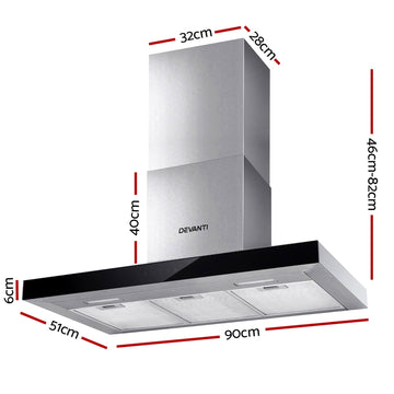 Devanti 900mm Range Hood 90cm Rangehood Glass Stainless Steel - 0