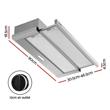 Devanti 900mm Range Hood 90cm Slide out Rangehood Stainless Steel - 0