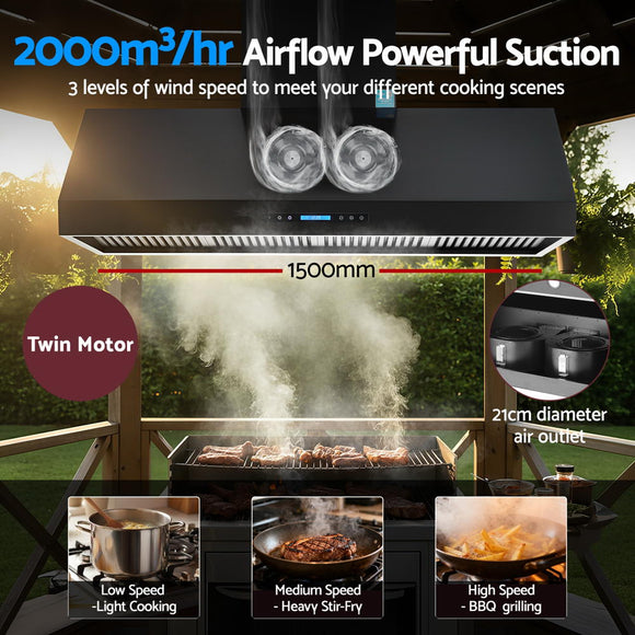 Devanti 1500mm Commercial BBQ Range Hood Dual Motor W/ Remote Control Black