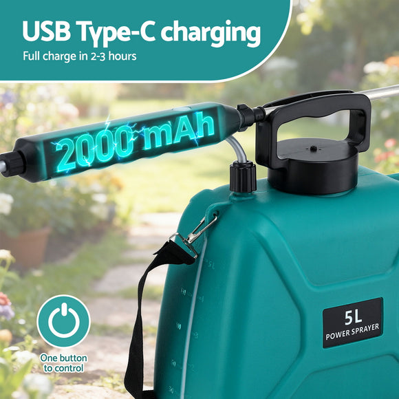 Giantz Weed Sprayer Garden Sprayer USB Charging Electric Shoulder Sprayer 5L