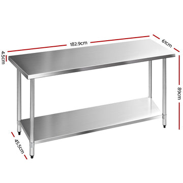 Cefito 610 x 1829mm Commercial Stainless Steel Kitchen Bench - 0