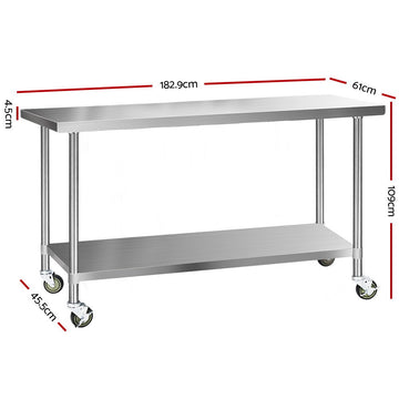 Cefito 430 Stainless Steel Kitchen Benches Work Bench Food Prep Table with Wheels 1829MM x 610MM - 0
