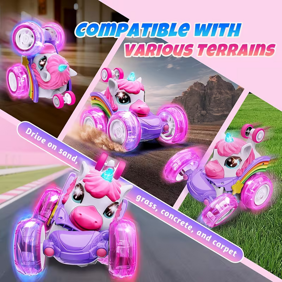 Unicorn remote control car for girls, 360° rotating four-wheel drive stunt remote control car with cute lights, rechargeable toy - children's birthday gift