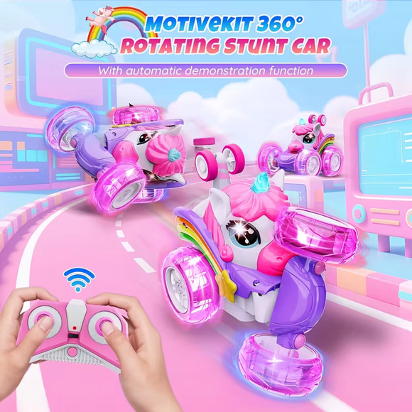 Unicorn remote control car for girls, 360° rotating four-wheel drive stunt remote control car with cute lights, rechargeable toy - children's birthday gift