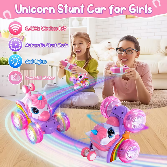 Unicorn remote control car for girls, 360° rotating four-wheel drive stunt remote control car with cute lights, rechargeable toy - children's birthday gift