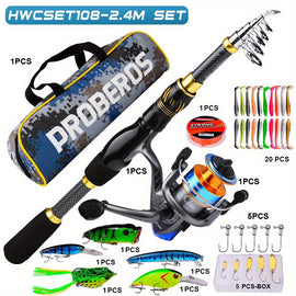 Proberus fishing rod reel set, including spinning reel, 2.4-meter fishing rod, fishing line, artificial bait, lead weight hook, complete set with storage bag
