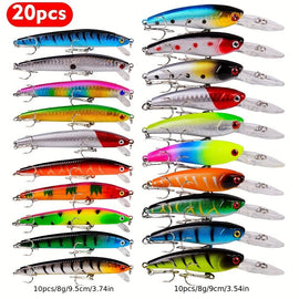 Proberos 20-piece fishing tackle set | hard bait set, suitable for striped bass and bass | scoop hook lure, minnow lure, jumper, pencil-shaped swim bait, fish hook, sea bass lure