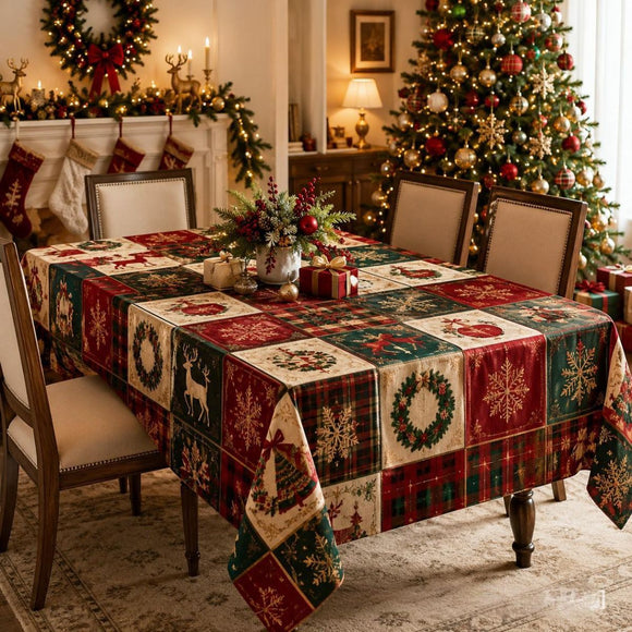 Christmas Patchwork Snowman Rectangle Table Cloth Polyester holiday Xmas Winter tablecloth Machine Washable Table Cover Stain Wrinkle Resistant Dining Party Kitchen Decor - D - Size 90x140cm