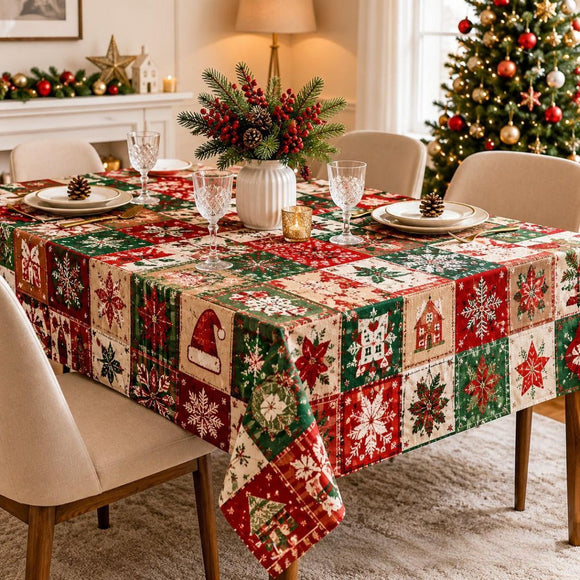 Christmas Patchwork Snowman Rectangle Table Cloth Polyester holiday Xmas Winter tablecloth Machine Washable Table Cover Stain Wrinkle Resistant Dining Party Kitchen Decor - E - Size 90x140cm