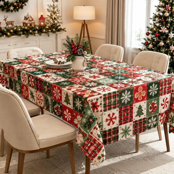 Christmas Patchwork Snowman Rectangle Table Cloth Polyester holiday Xmas Winter tablecloth Machine Washable Table Cover Stain Wrinkle Resistant Dining Party Kitchen Decor - E - Size 90x140cm
