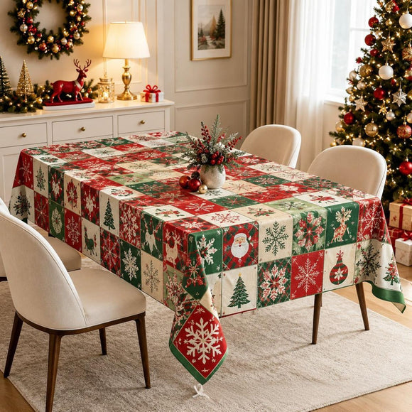 Christmas Patchwork Snowman Rectangle Table Cloth Polyester holiday Xmas Winter tablecloth Machine Washable Table Cover Stain Wrinkle Resistant Dining Party Kitchen Decor - I - Size 90x140cm