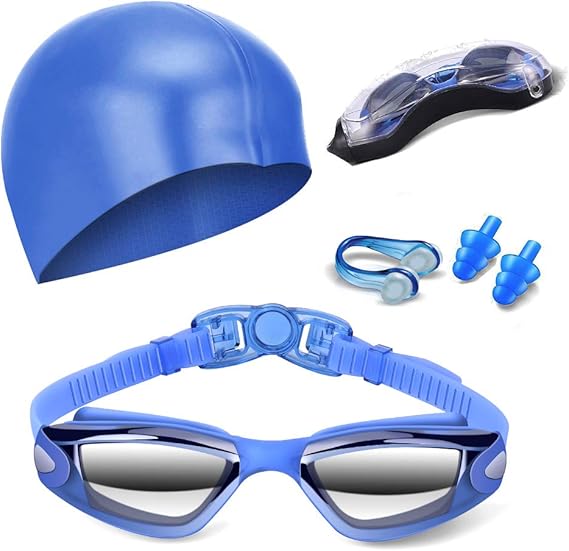 Blue Swim Goggles Set with Cap, Nose Clip, Earplugs & Case: Anti-Fog UV Protection for Men & Women