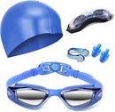 Blue Swim Goggles Set with Cap, Nose Clip, Earplugs & Case: Anti-Fog UV Protection for Men & Women-1