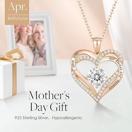 Forever Love Heart Birthstone Necklace: 925 Sterling Silver Jewelry for Mom, Wife, Friend – Ideal for Mother’s Day, Anniversaries & Birthday（white diamond,April）