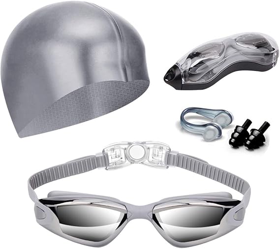 Gray Swim Goggles Set with Cap, Nose Clip, Earplugs & Case: Anti-Fog UV Protection for Men & Women