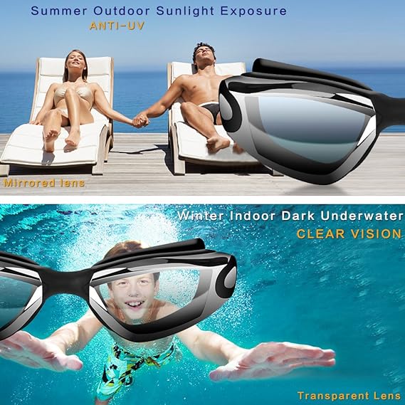 Gray Swim Goggles Set with Cap, Nose Clip, Earplugs & Case: Anti-Fog UV Protection for Men & Women