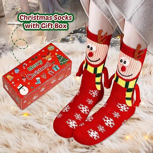 4 Pairs Christmas Socks, Crazy Holiday Hand Holding Socks Funny Christmas Stocking Stuffers