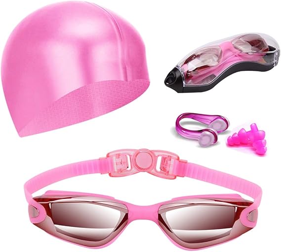 Pink Swim Goggles Set with Cap, Nose Clip, Earplugs & Case: Anti-Fog UV Protection for Men & Women