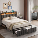 Double Bed Frame with 2 Storage Drawers and LED Lights Headboard, Upholstered Bed Frame with Charging Station, No Box Spring Needed, Easy Assembly - Grey-1