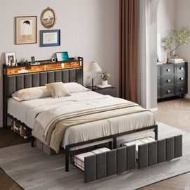 Double Bed Frame with 2 Storage Drawers and LED Lights Headboard, Upholstered Bed Frame with Charging Station, No Box Spring Needed, Easy Assembly - Grey