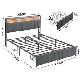 Double Bed Frame with 2 Storage Drawers and LED Lights Headboard, Upholstered Bed Frame with Charging Station, No Box Spring Needed, Easy Assembly - Grey - 0
