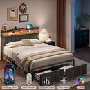 Double Bed Frame with 2 Storage Drawers and LED Lights Headboard, Upholstered Bed Frame with Charging Station, No Box Spring Needed, Easy Assembly - Grey-3
