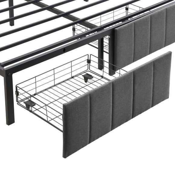 Double Bed Frame with 2 Storage Drawers and LED Lights Headboard, Upholstered Bed Frame with Charging Station, No Box Spring Needed, Easy Assembly - Grey