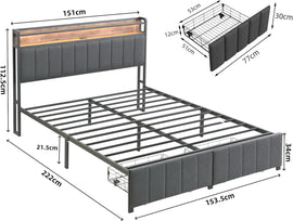 Queen Bed Frame with 2 Storage Drawers and LED Lights Headboard, Upholstered Bed Frame with Charging Station, No Box Spring Needed, Easy Assembly - Grey - 0