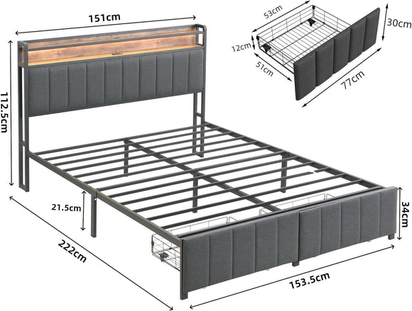 Queen Bed Frame with 2 Storage Drawers and LED Lights Headboard, Upholstered Bed Frame with Charging Station, No Box Spring Needed, Easy Assembly - Grey