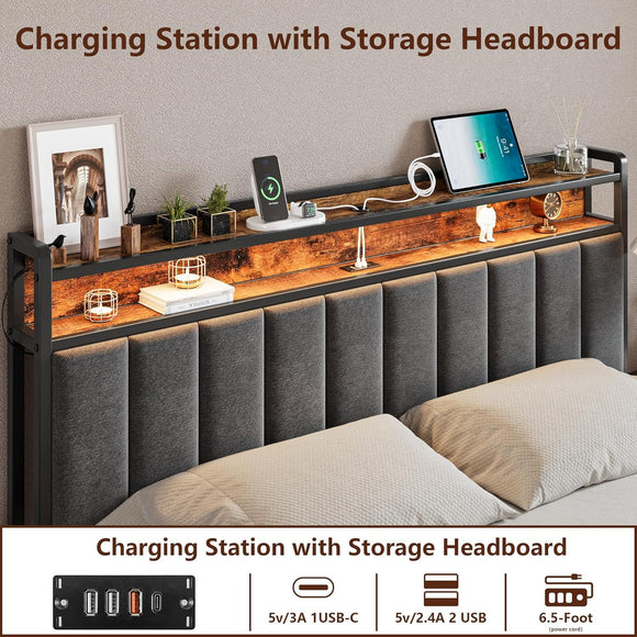 Queen Bed Frame with 2 Storage Drawers and LED Lights Headboard, Upholstered Bed Frame with Charging Station, No Box Spring Needed, Easy Assembly - Grey