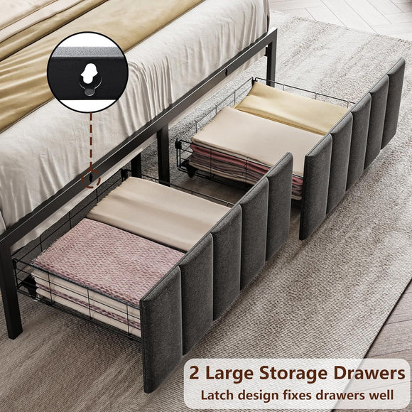 Queen Bed Frame with 2 Storage Drawers and LED Lights Headboard, Upholstered Bed Frame with Charging Station, No Box Spring Needed, Easy Assembly - Grey