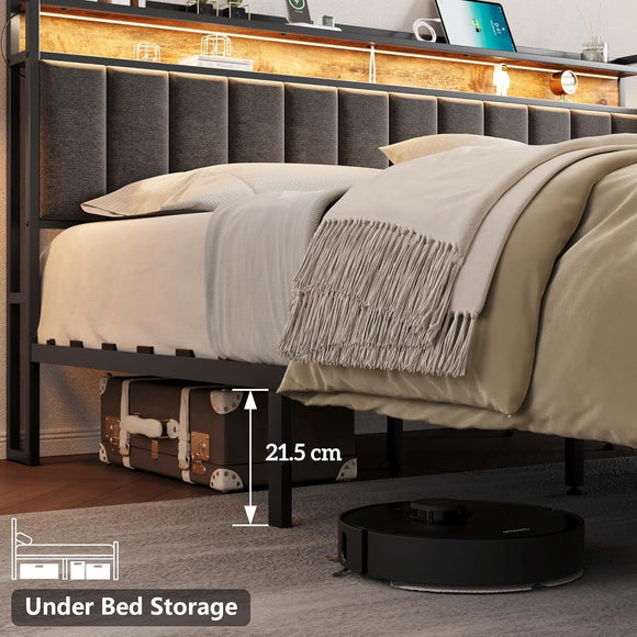 Queen Bed Frame with 2 Storage Drawers and LED Lights Headboard, Upholstered Bed Frame with Charging Station, No Box Spring Needed, Easy Assembly - Grey