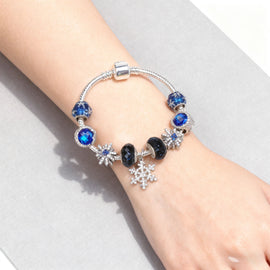 Rhinestone Blue Cat’s Eye Starry Glaze Beads Bracelet with Snowflake Pendant(17cm) - 0
