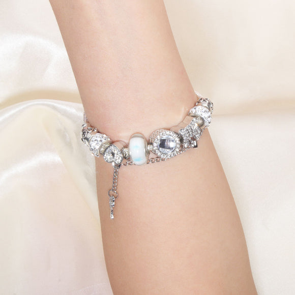 Rhinestone Cat's Eye Glass Bead Charm Bracelet - Heart Lock Pendant(18cm)