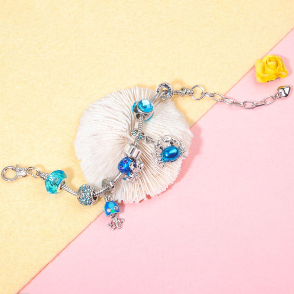 Cartoon Ocean Theme Bracelet with Octopus, Jellyfish, Crab Charms & Crystal Rhinestone Beads(19cm)