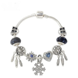 Pandora-Style Rhinestone Blue Cat’s Eye Heart Bracelet: Glass Beads, Dreamcatcher Feather Snowflake(20cm)