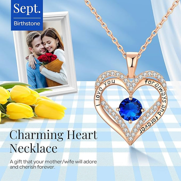 18K Rose Gold Necklaces for Women, 927 Sterling Silver Gifts for Mothers Day, Jewelry for Wife Mom Her Girlfriend, Birthstone Diamond Necklace for Birthday Anniversary, Heart Pendant Jewelry-SEP