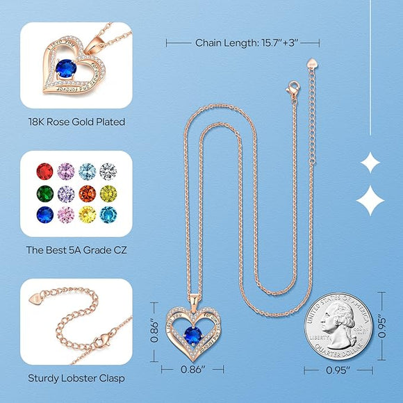 18K Rose Gold Necklaces for Women, 927 Sterling Silver Gifts for Mothers Day, Jewelry for Wife Mom Her Girlfriend, Birthstone Diamond Necklace for Birthday Anniversary, Heart Pendant Jewelry-SEP