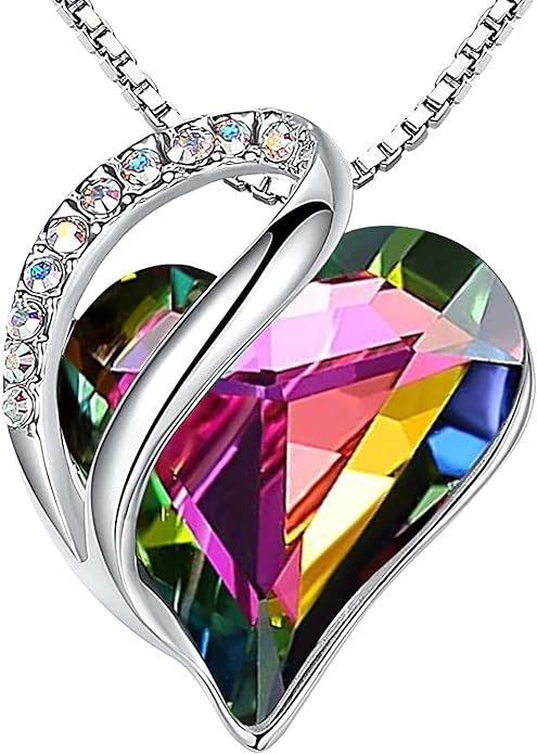 Infinity Love Heart Necklace, Birthstone Necklace for Women, Jewelry for Women with Healing Crystals, Allergy Free Pendant Necklace-13a-Protection-Rainbow Black